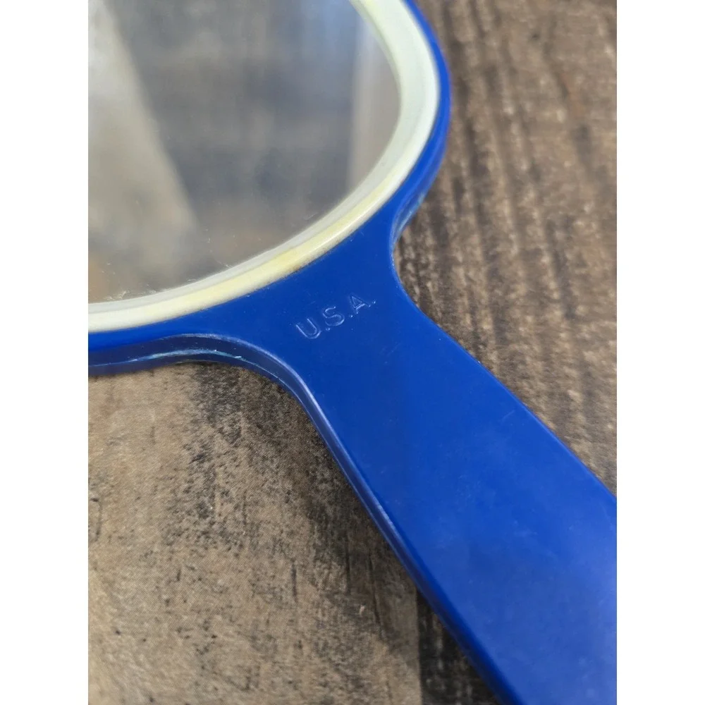 Vintage Blue Handheld Mirror USA Made Plastic Textured Diamond Back Retro Vanity